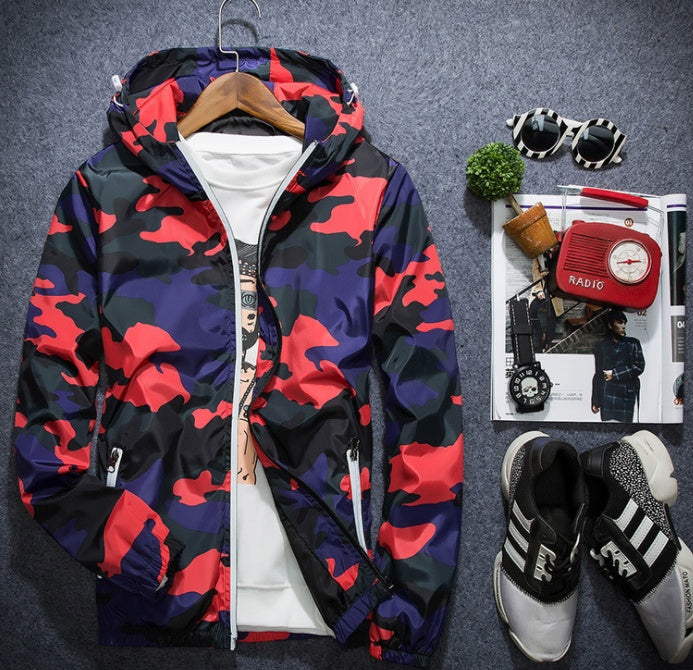 Camouflage Jackets Casual Mens Hooded Luminous Zipper Jacket Red