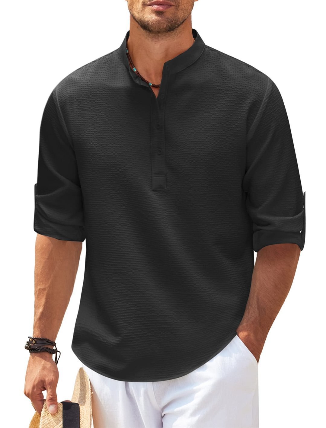 Men's Casual Shirt Long Sleeve Stand Collar Shirt Black
