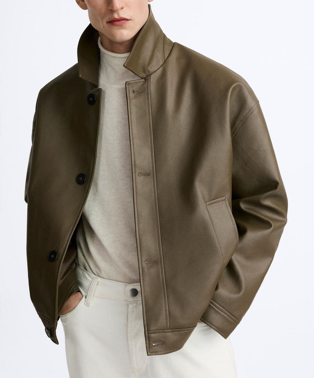 Men's Faux Leather Square Jacket gray green Quilted