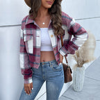 Plaid Lapel Cropped Jacket Wine red