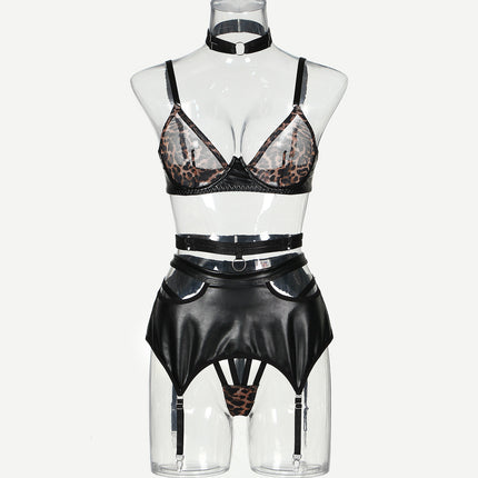 Women's Leopard Print Mesh Splicing Leather Underwear Suit