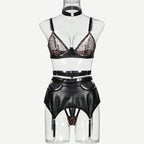 Women's Leopard Print Mesh Splicing Leather Underwear Suit