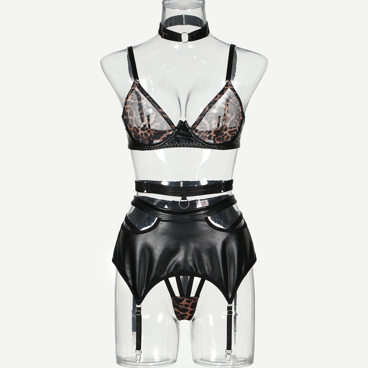 Women's Leopard Print Mesh Splicing Leather Underwear Suit