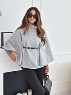 New Batwing Sleeves Cloak Top With Belt Jacket Woolen Gray