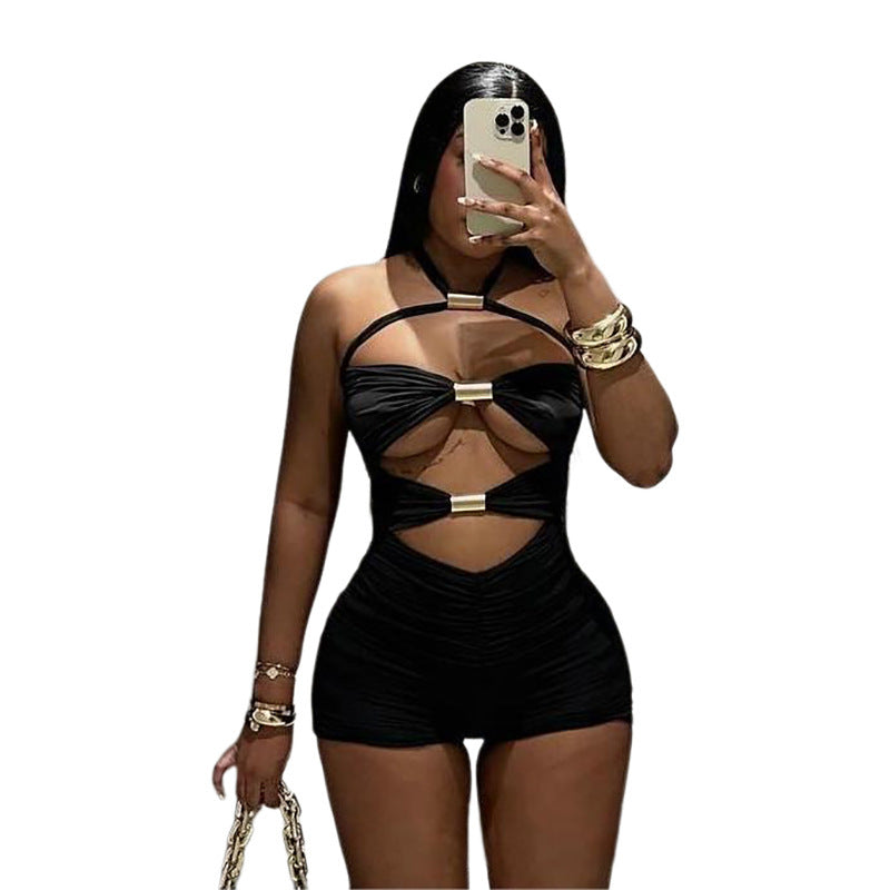 Women's Hollow-out Lace-up Jumpsuit Black