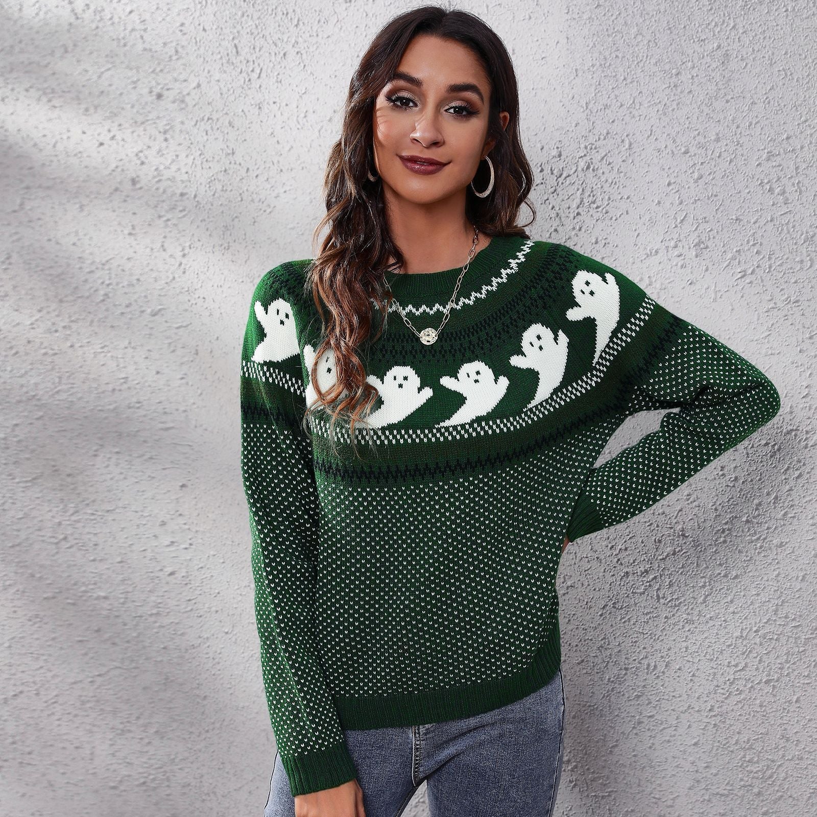 Halloween Cartoon Ghost Polka Dot Pullover Sweater Green