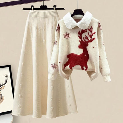 All-matching Knitted Sweater Skirt Two-piece Set white suit 5