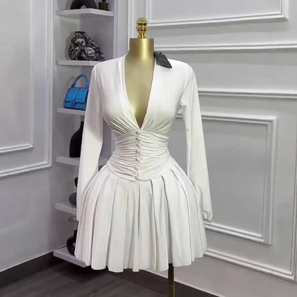 Women's French-Style Puff Sleeve V-Neck Mini Dress | 6 Colours