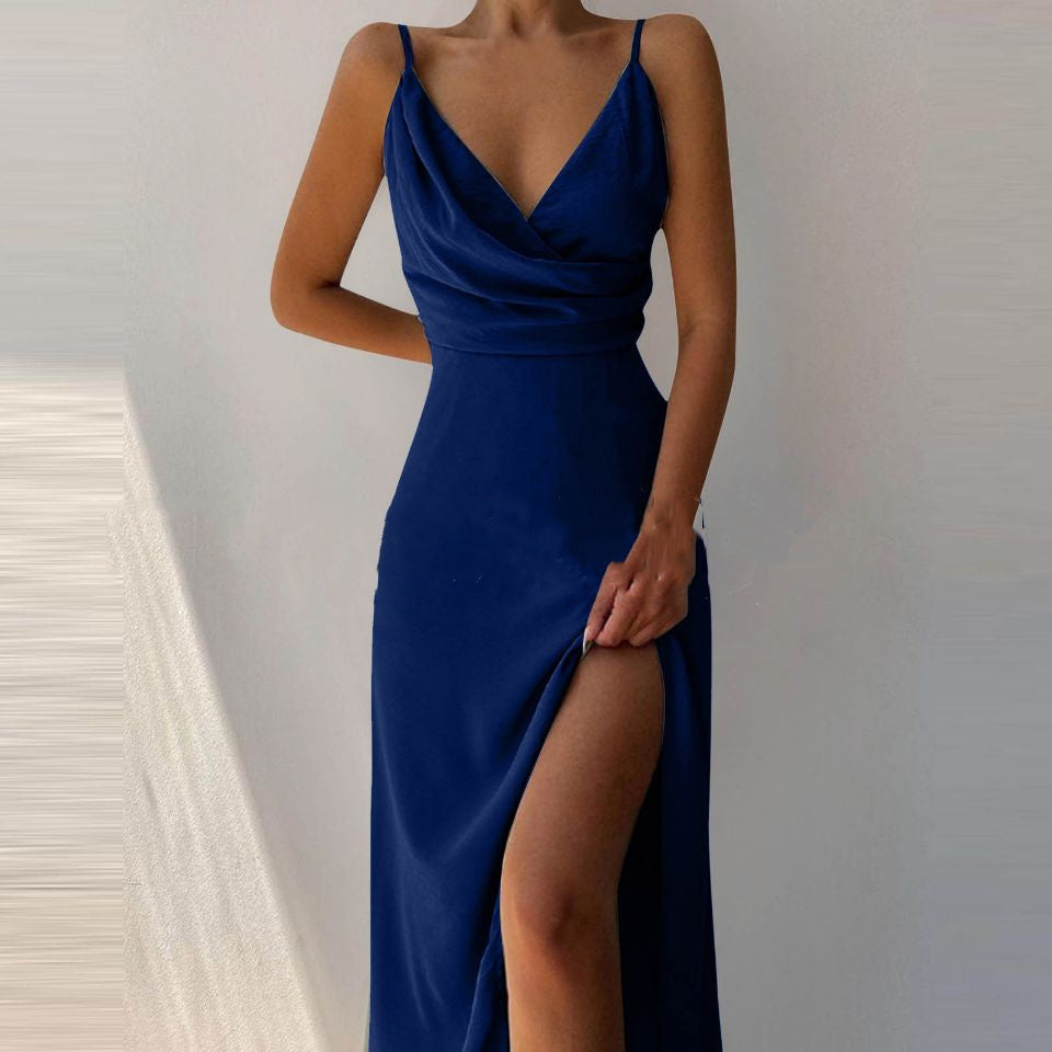 Slit Sling Summer Suspender Dress Navy Blue