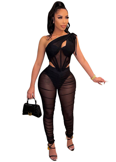 Women's Mesh See-through Top Two-piece Suit Black
