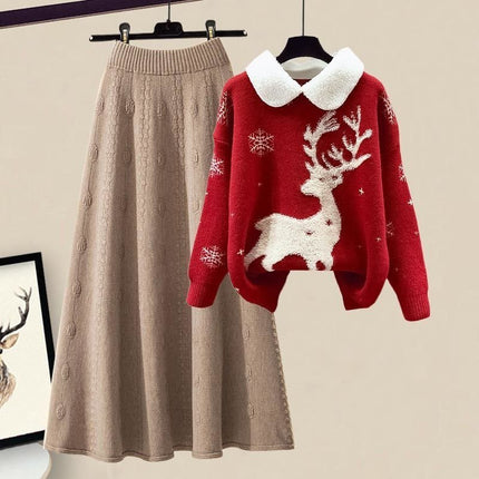 All-matching Knitted Sweater Skirt Two-piece Set red suit 4