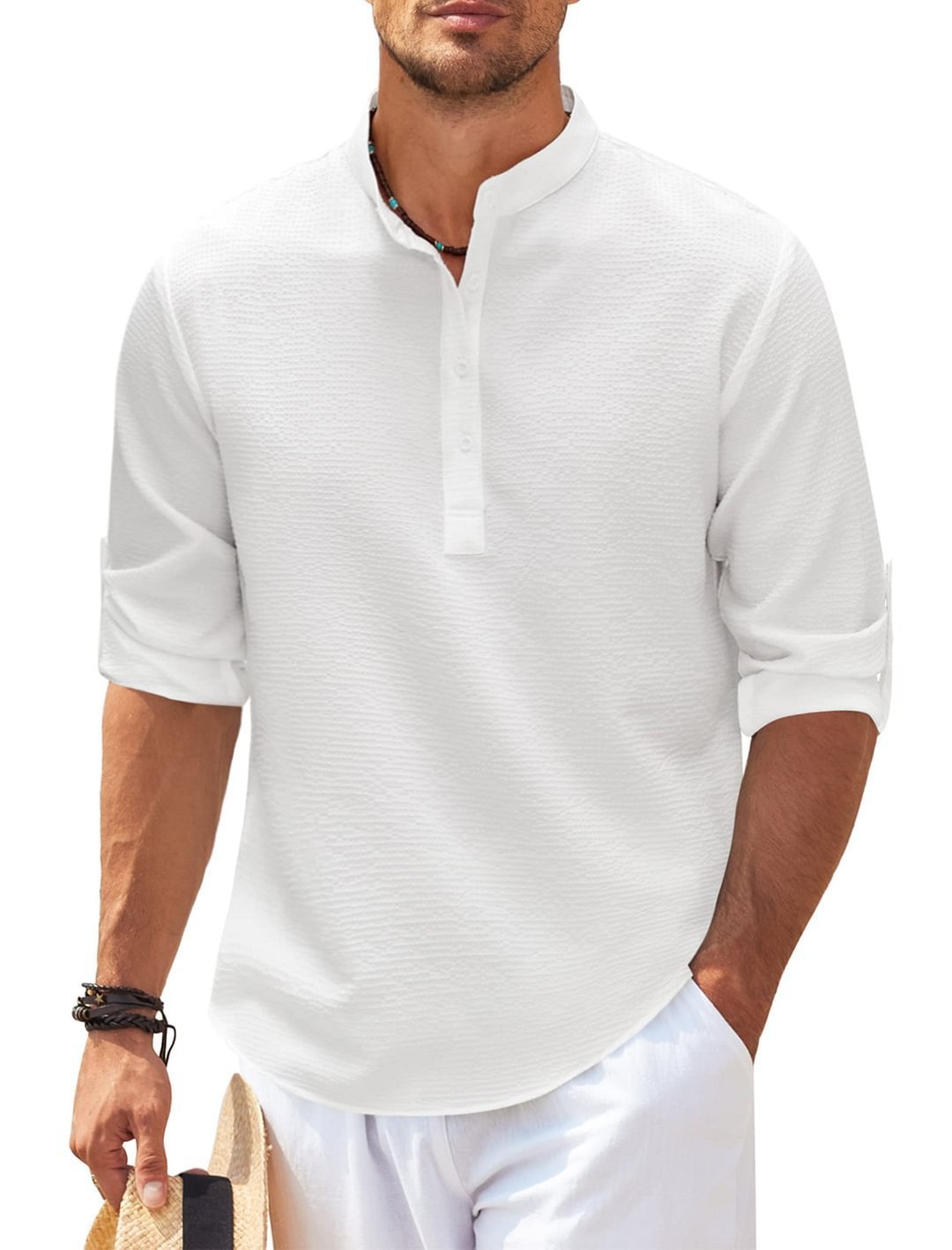 Men's Casual Shirt Long Sleeve Stand Collar Shirt White