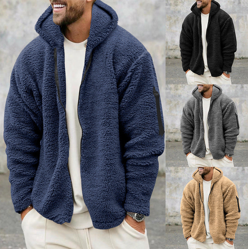 Plush Hooded Men's Autumn And Winter Fleece Double-sided Wear Warm Coat