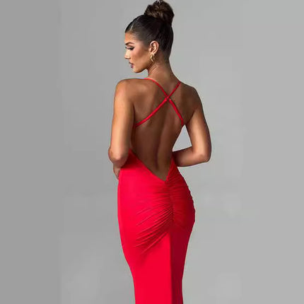 Women's Backless Cross Shoulder Strap Pleated Dress Red
