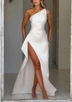 Sexy One-shoulder Backless Slit Dress White