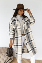 Women’s Button Lapel Casual Warm Plaid Long Woolen Coat Grey