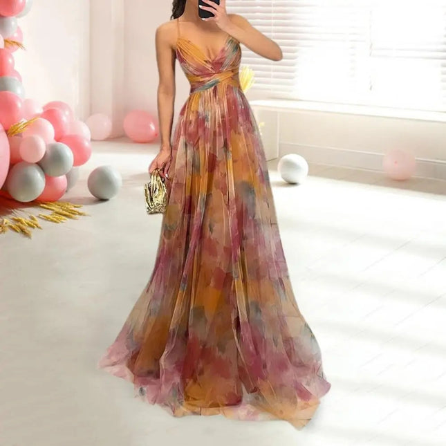 Mesh Printing Slip Holiday Leisure Party Dress Bronze