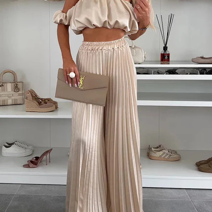 Women's Satin Tube Top Wide Leg Pants Suit Khaki