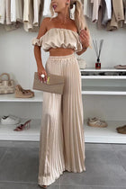 Women's Satin Tube Top Wide Leg Pants Suit Khaki