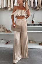 Women's Satin Tube Top Wide Leg Pants Suit Khaki H