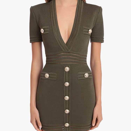 Sexy knitted short-sleeved dress Army green
