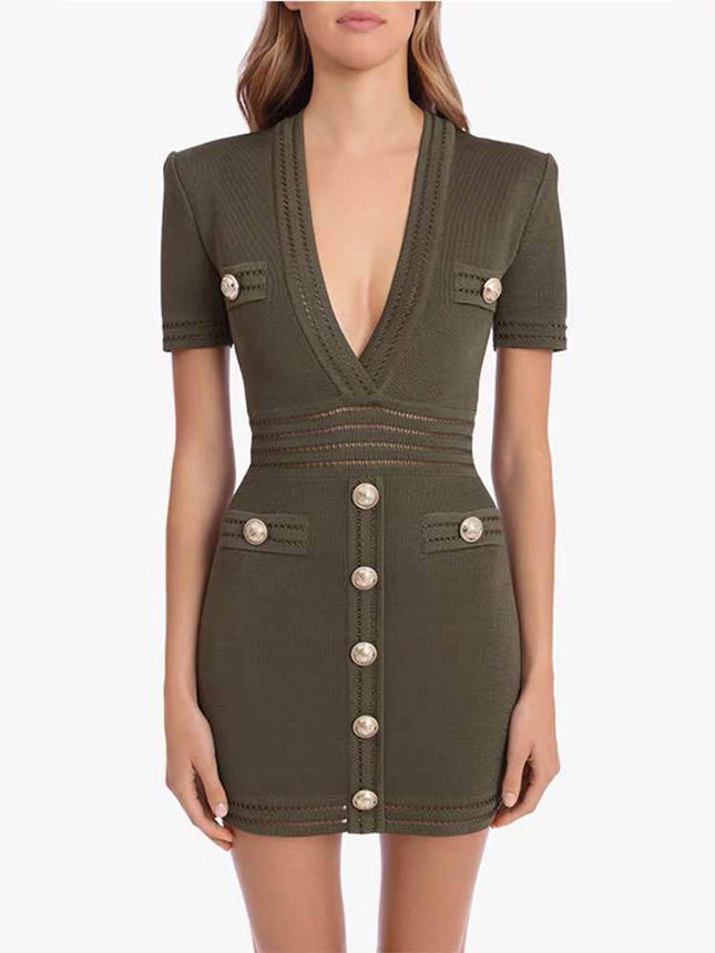 Sexy knitted short-sleeved dress Army green