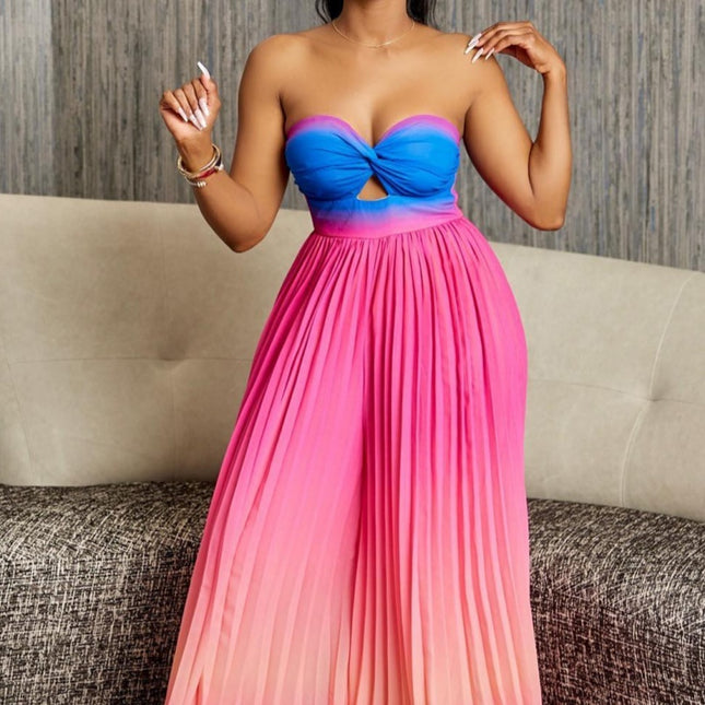 Summer Sexy Tube Top Backless Gradient Color Wide Leg Jumpsuit Blue