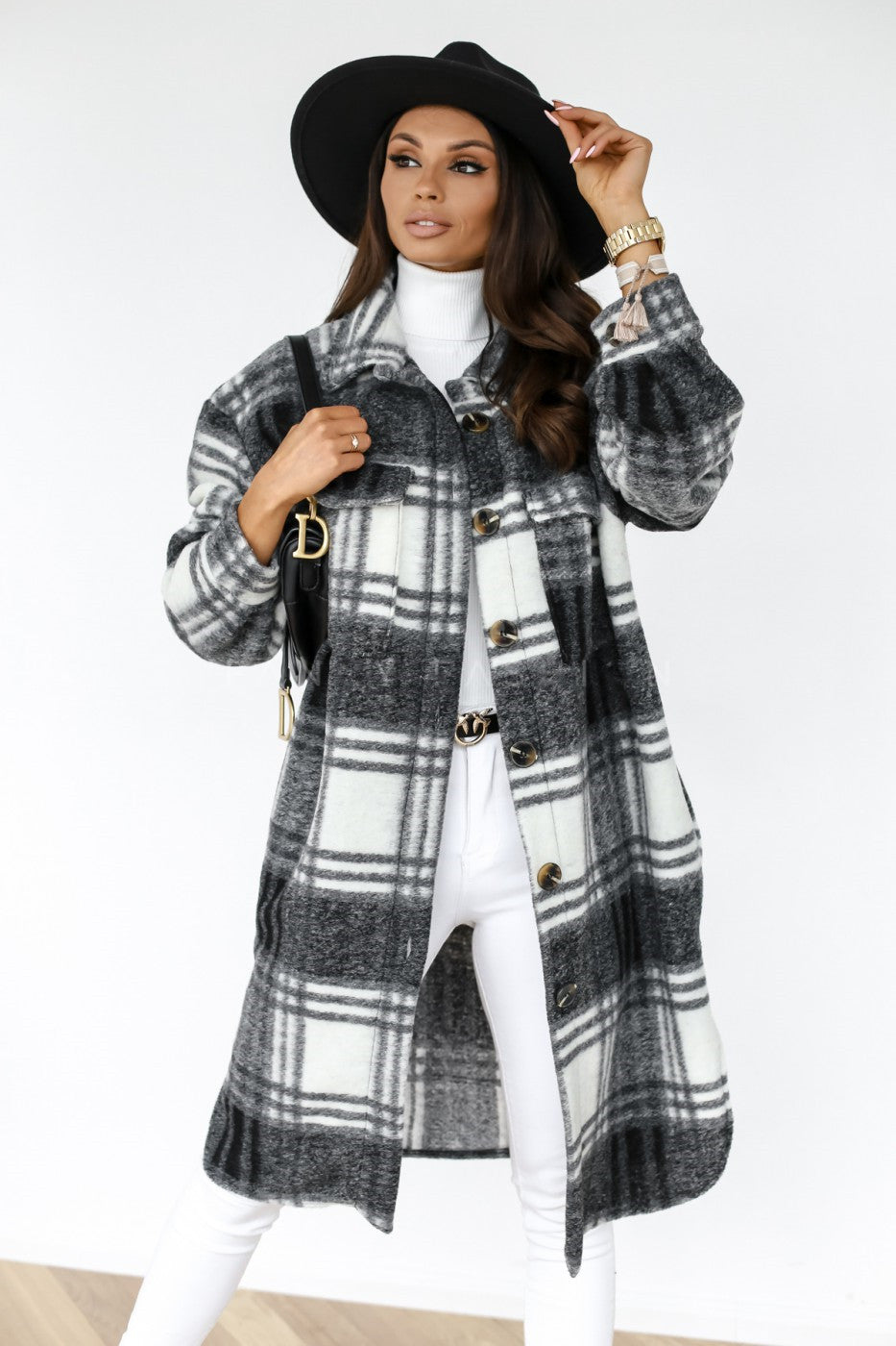 Women’s Button Lapel Casual Warm Plaid Long Woolen Coat