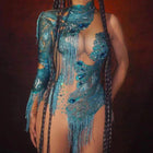 Mesh Stretch Rhinestone Dress sky blue