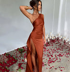 Sexy One-shoulder Backless Slit Dress Dark brown