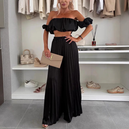 Women's Satin Tube Top Wide Leg Pants Suit