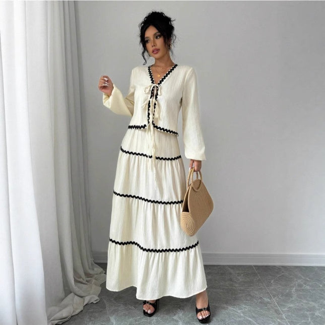 Women Lace Layered Pleated Skirt Suit Apricot