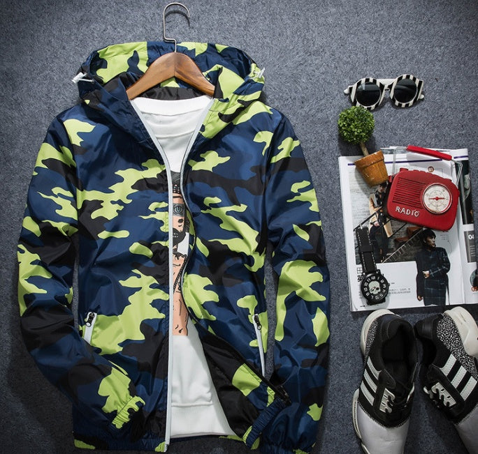 Camouflage Jackets Casual Mens Hooded Luminous Zipper Jacket Green