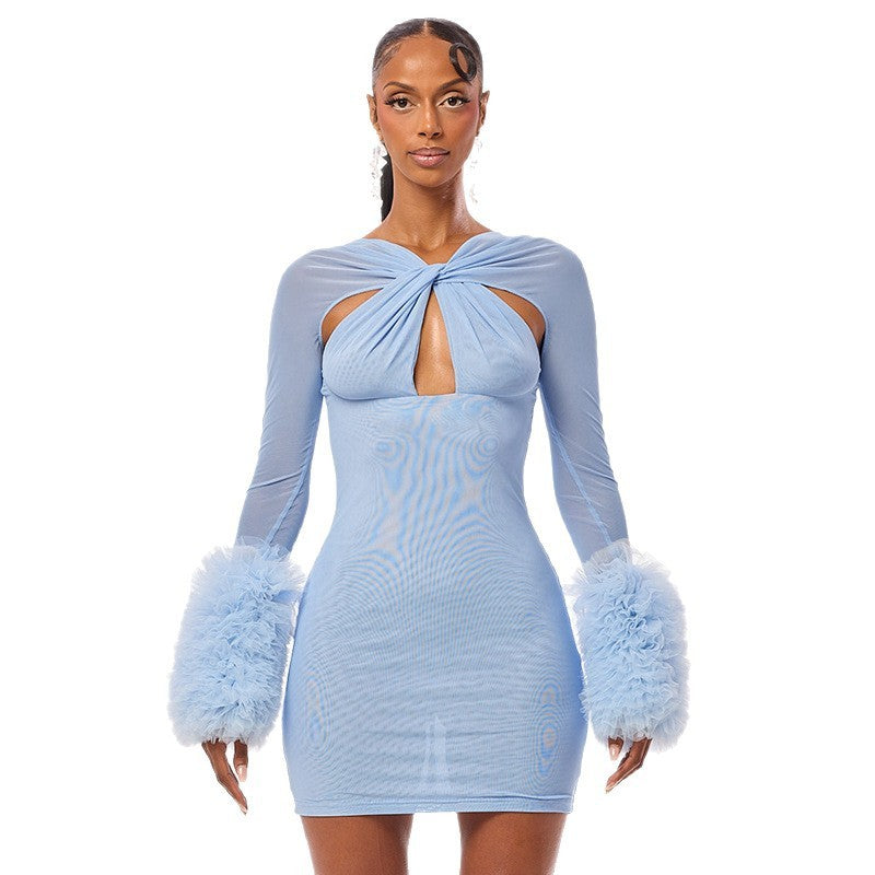 Mesh Cross Hollow-out Long Sleeve Plush Sheath Dress