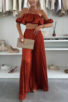 Women's Satin Tube Top Wide Leg Pants Suit Red