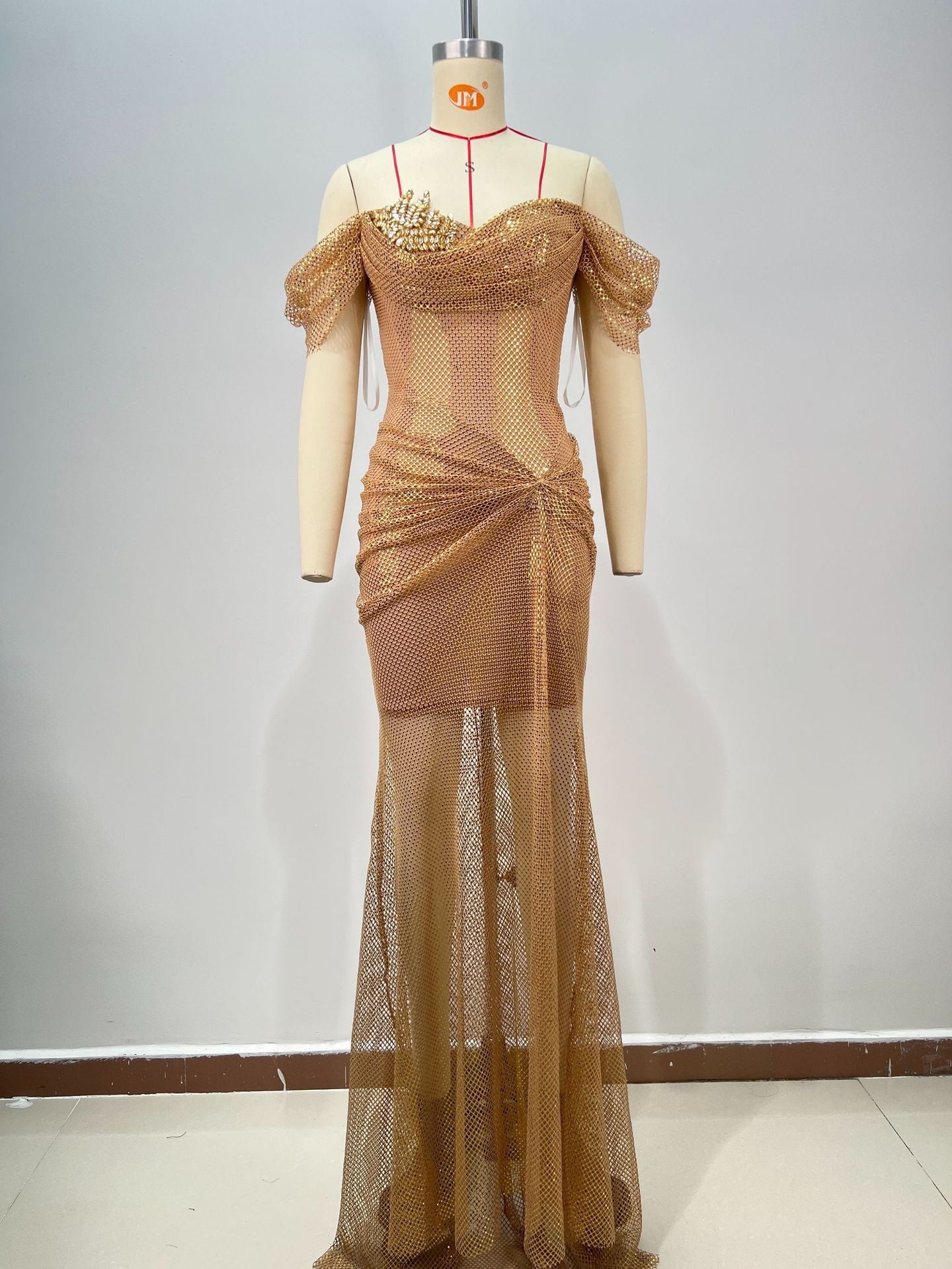 Elegant Golden Off-shoulder Backless Slim Fit Pleated Floor Dress
