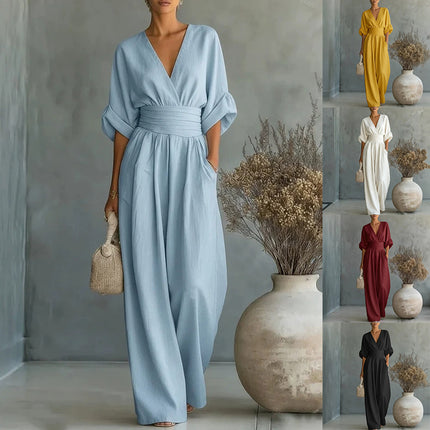 Women's High Waist Wide-Leg Jumpsuit | Three-Quarter Sleeve, Pleated