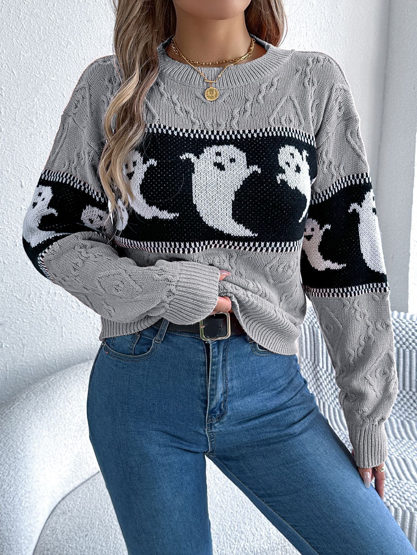 Halloween Knitted Pullover Gray
