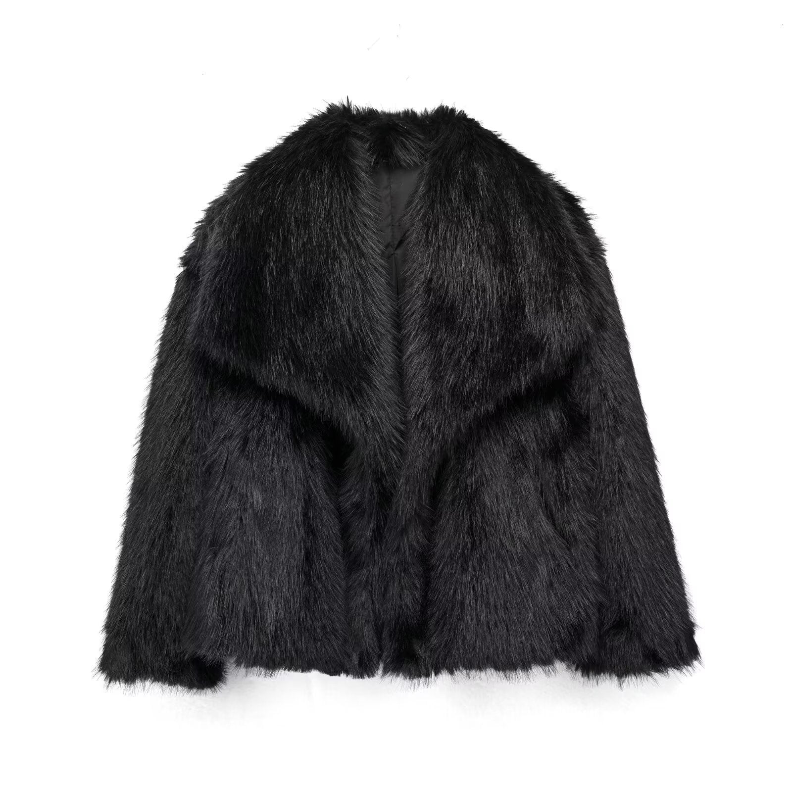 Winter Plush Coat Fashion Thicken Lapel Outwear Jacket Black