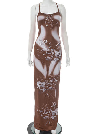 SS Floral Print Dress Brown