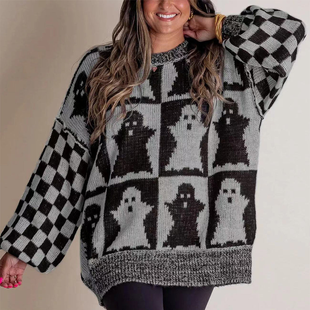 Halloween Cartoon Ghost And Checkerboard Sweater Dark Gray