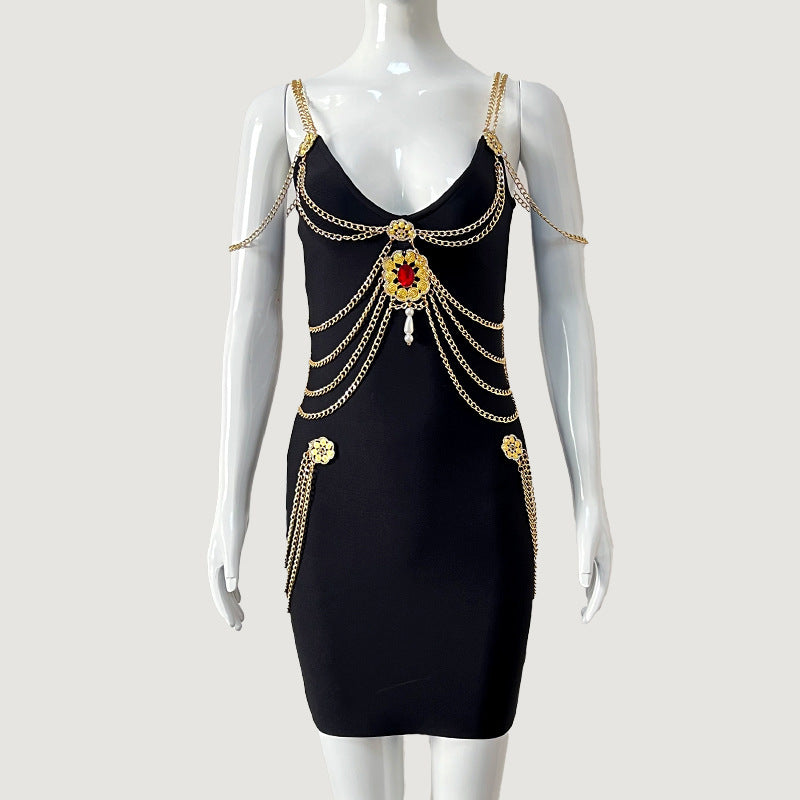 Women's Gold Chain Bandage One-piece Dress
