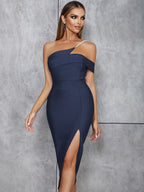 Blue Split Long Bandage One-piece Dress