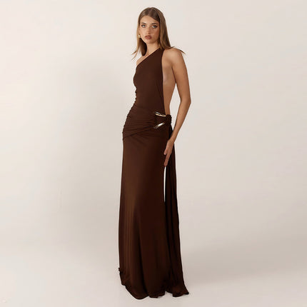 Sexy Backless Metal Decoration Elegant Dress Brown