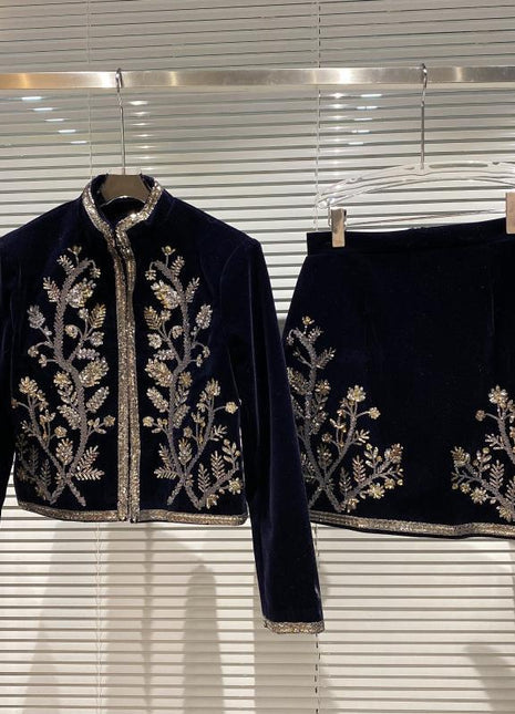 Women's Leaf Embroidered Velvet Suit dark blue