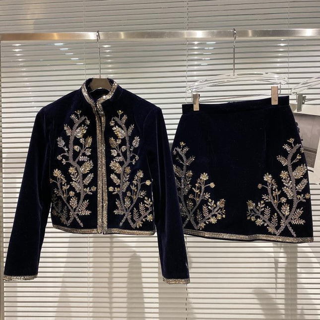 Women's Leaf Embroidered Velvet Suit dark blue