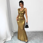 Women's Gold Deep V-neck Backless Slim Fit Long Dress