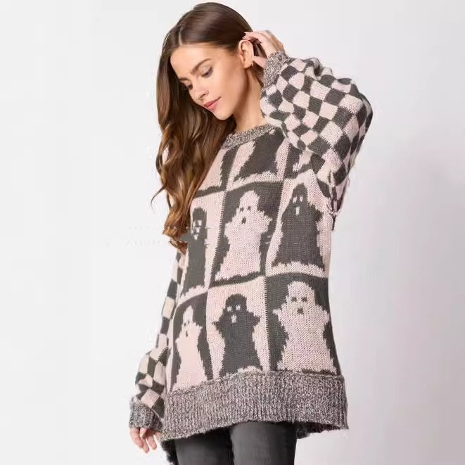 Women's Halloween Ghost Plaid Crew Neck Sweater Grey A