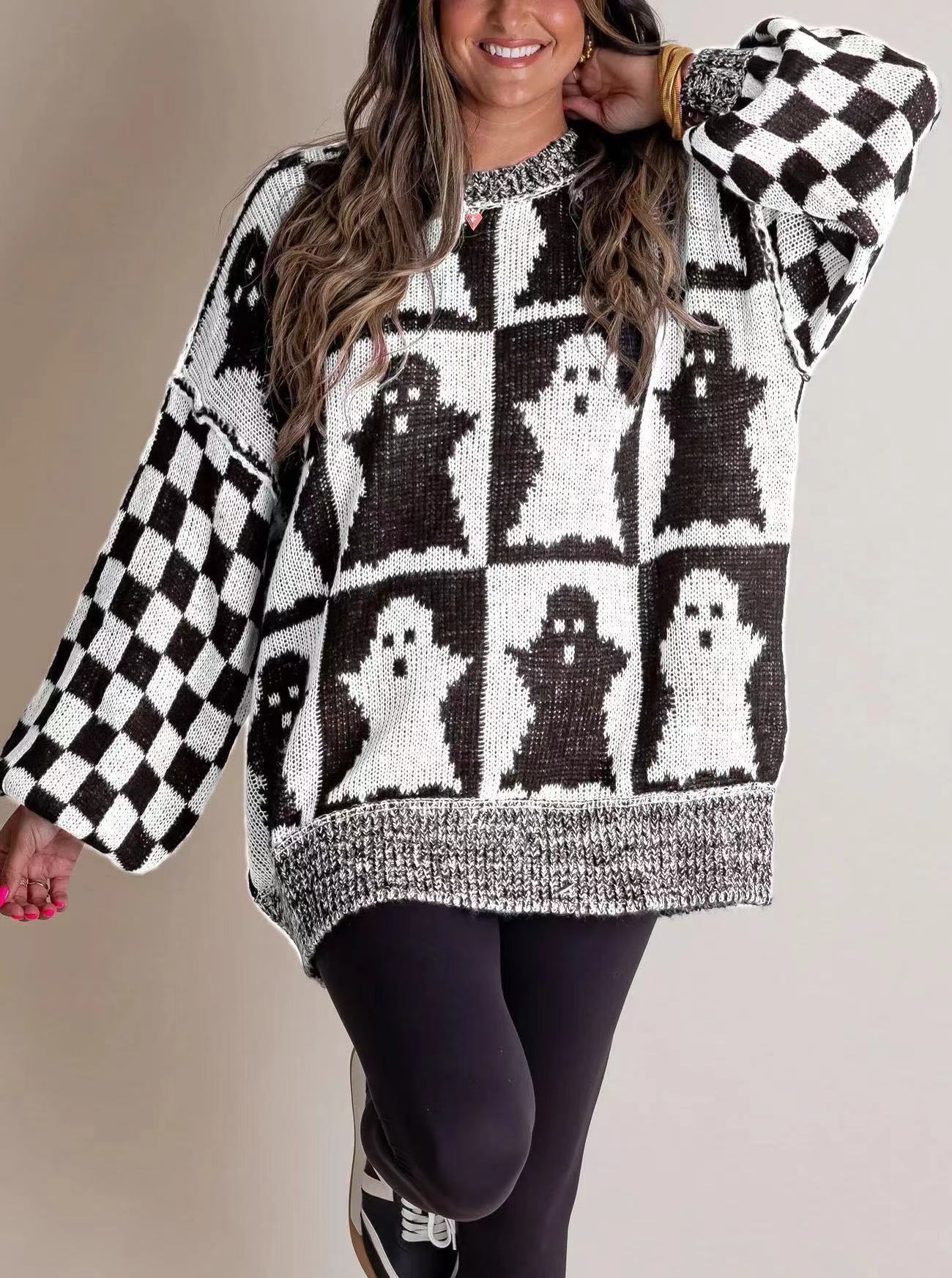 Halloween Cartoon Pumpkin Ghost Sweater White