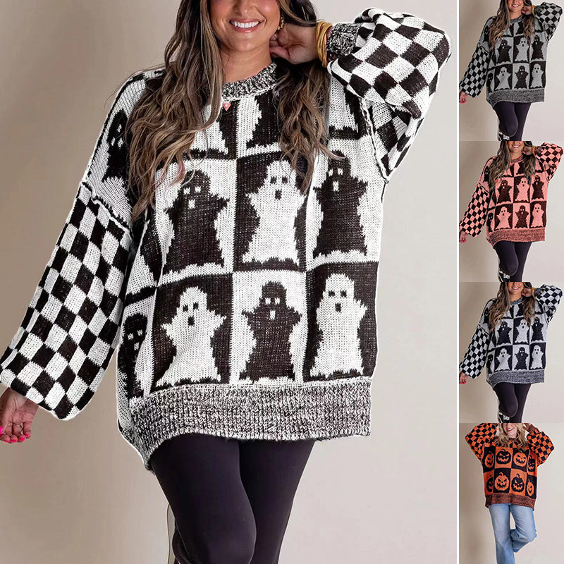 Halloween Cartoon Ghost And Checkerboard Sweater